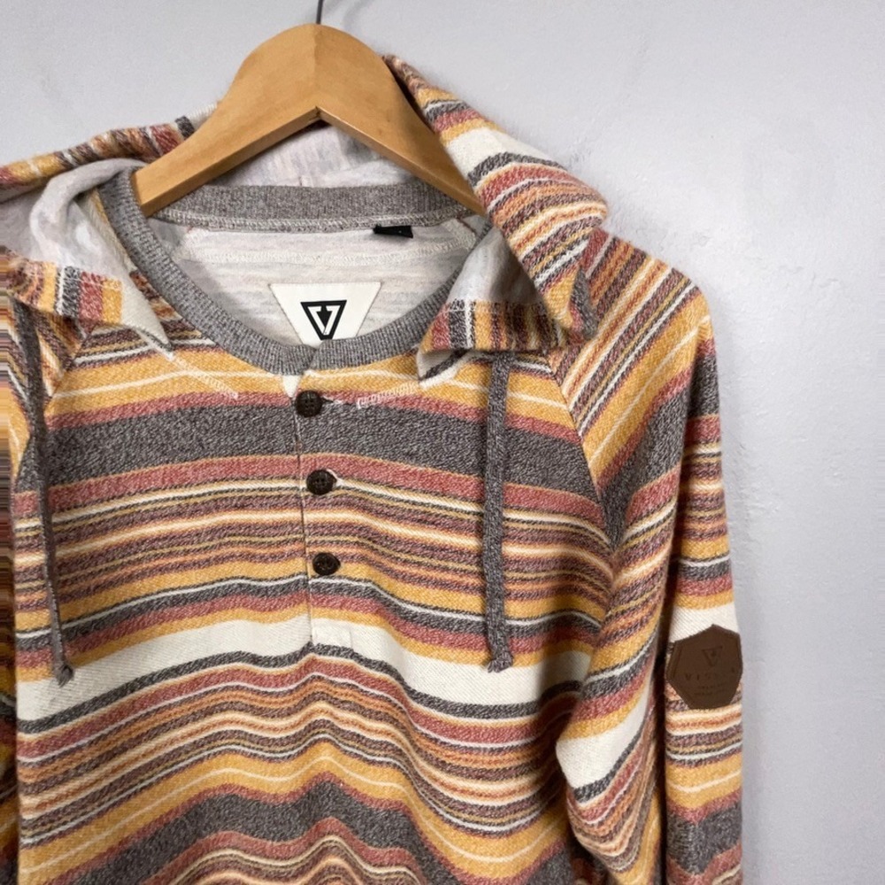 Vissla Hoodie Men Large Multi Color Striped Henley Pullover Sleeve Patch Beach